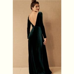 Jenny Yoo Ryland V-Neck Long Sleeve Open-Back Stretch Velvet Gown